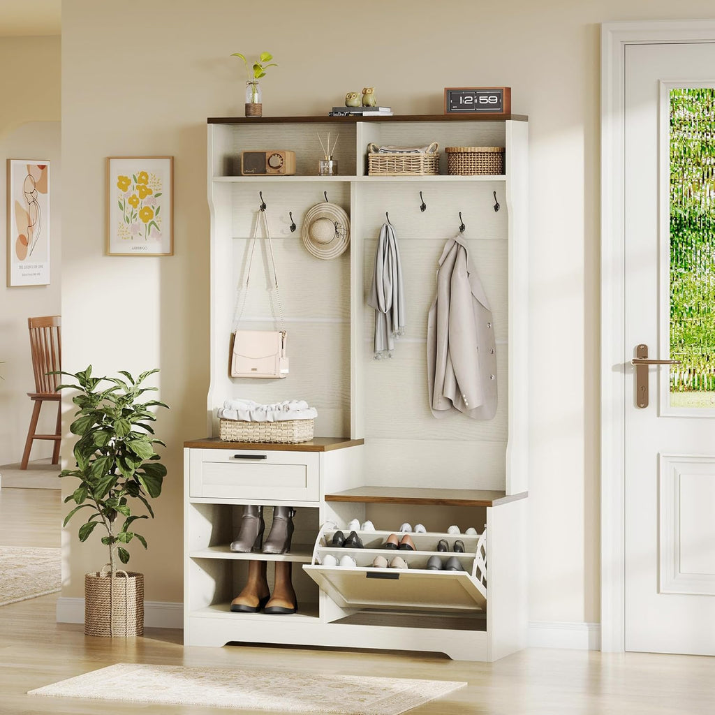 AesthLife Hall Tree with Bench & Shoe Storage - 7-Hook Coat Rack Entryway Organizer (Walnut Brown)