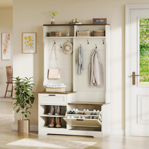 AesthLife Hall Tree with Bench & Shoe Storage - 7-Hook Coat Rack Entryway Organizer (Walnut Brown)