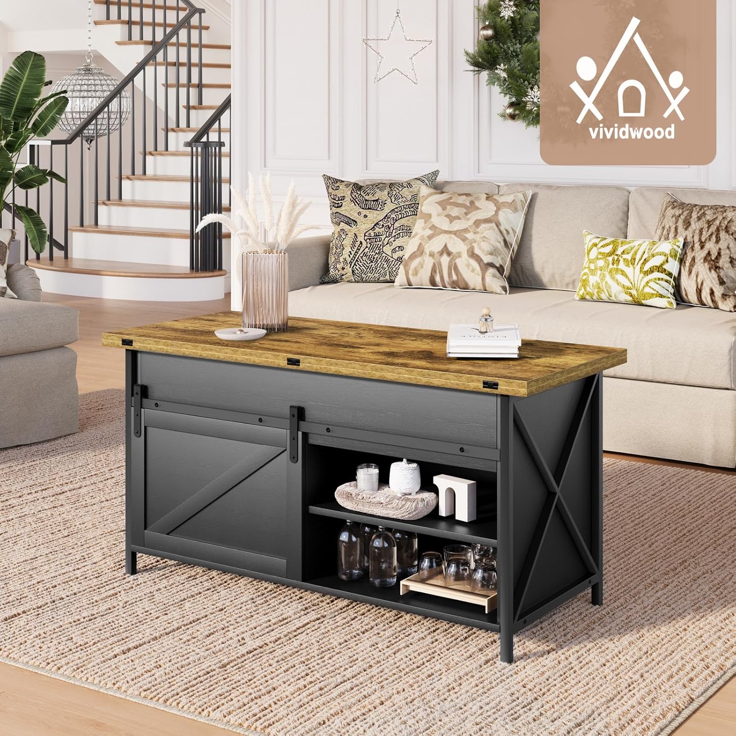 Vividwood Black Lift Top Coffee Table‌ - Multi-Function Center Table with Sliding Door