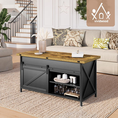 Vividwood Black Lift Top Coffee Table‌ - Multi-Function Center Table with Sliding Door