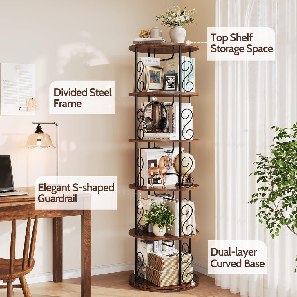 Vividwood 5-Tier Rotating Bookshelf - 360° Spinning Display Corner Bookcase with Stackable Design