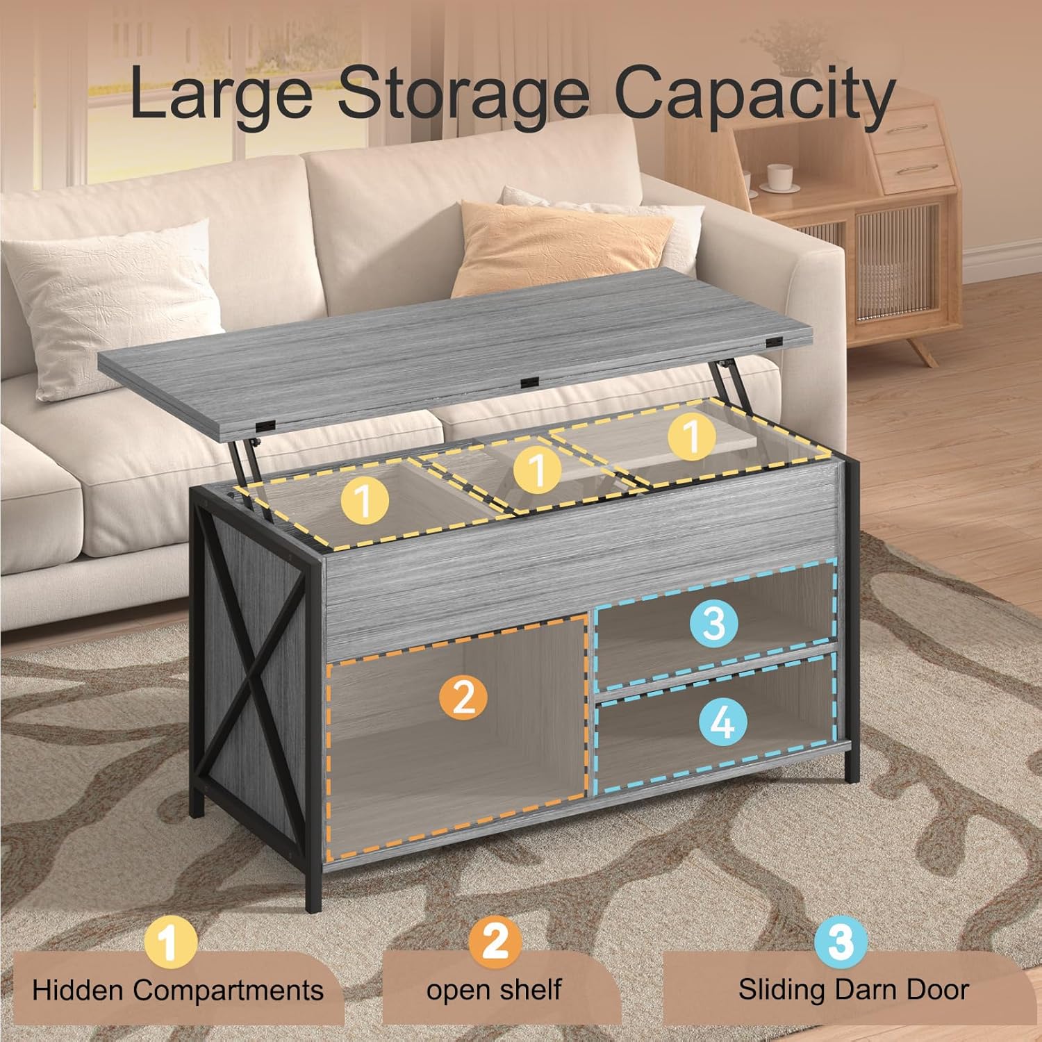 Vividwood Farmhouse Lift Top Coffee Table - 4-in-1 Convertible with Storage (Grey)