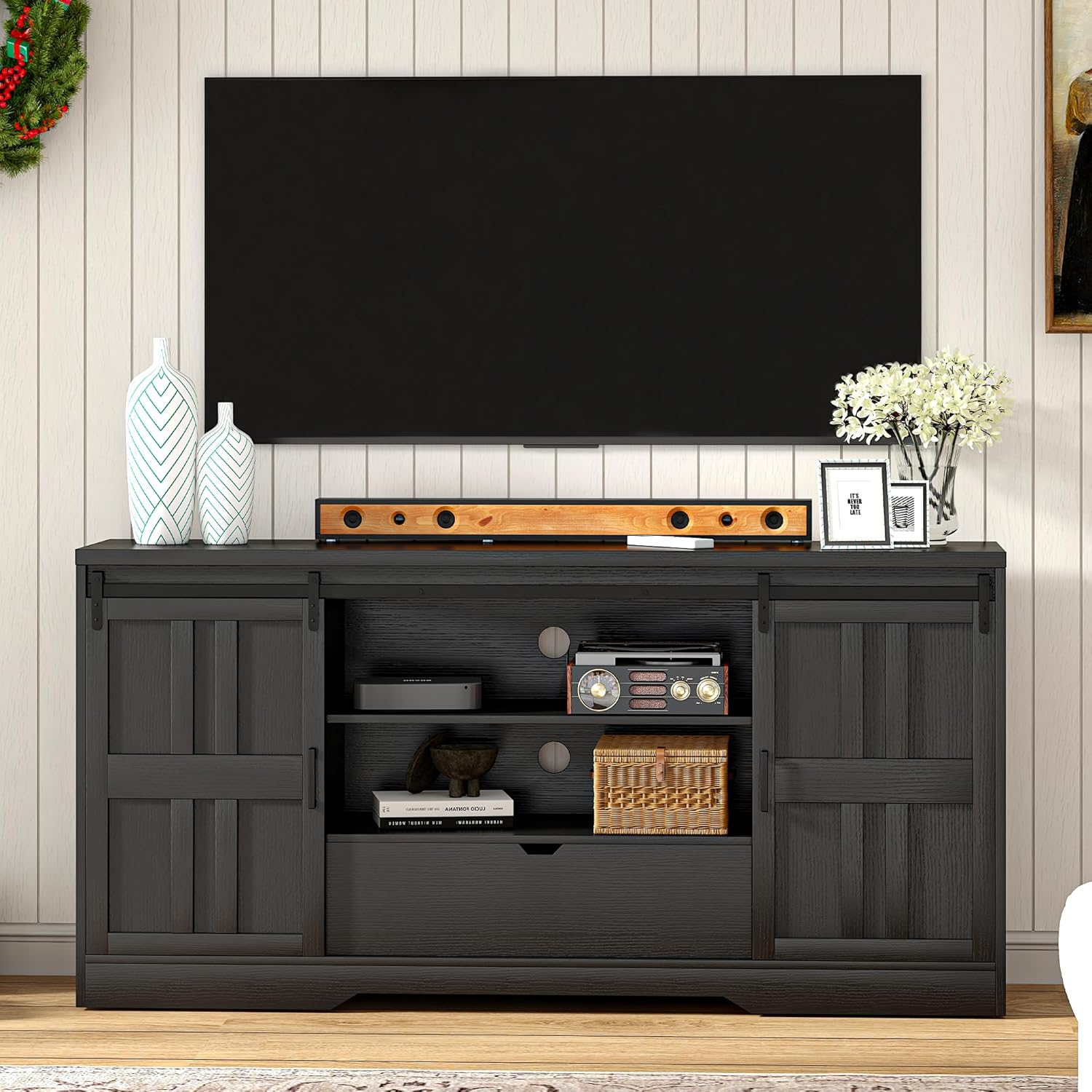 Vividwood Farmhouse TV Stand‌ - Adjustable Shelves & Barn Doors (Black)