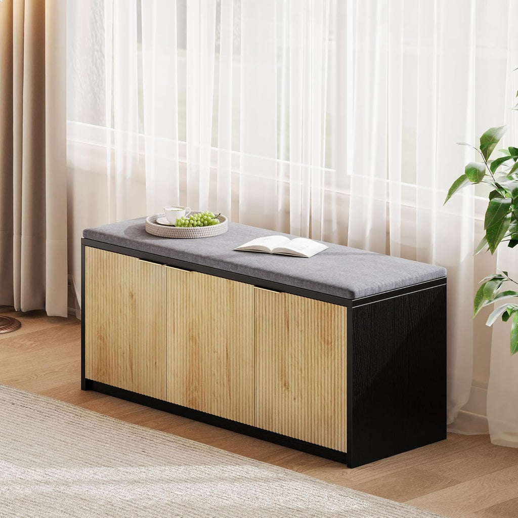 Vividwood 41.3" Entryway Storage Bench - 3-Door Shoe Organizer with Padded Seat (Wood Grain & Black)