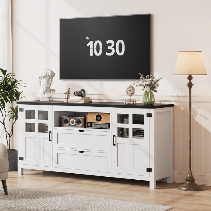 Vividwood Farmhouse TV Stand with Storage - Entertainment Center (Rustic White)