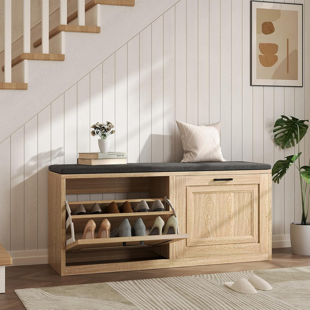 Vividwood 2-Tier Storage Bench - Padded Seat & Barn Doors (Wood)