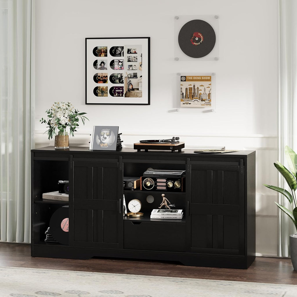 Vividwood 70" TV Stand with Barn Doors - Entertainment Center Storage Cabinet (Rustic Black)