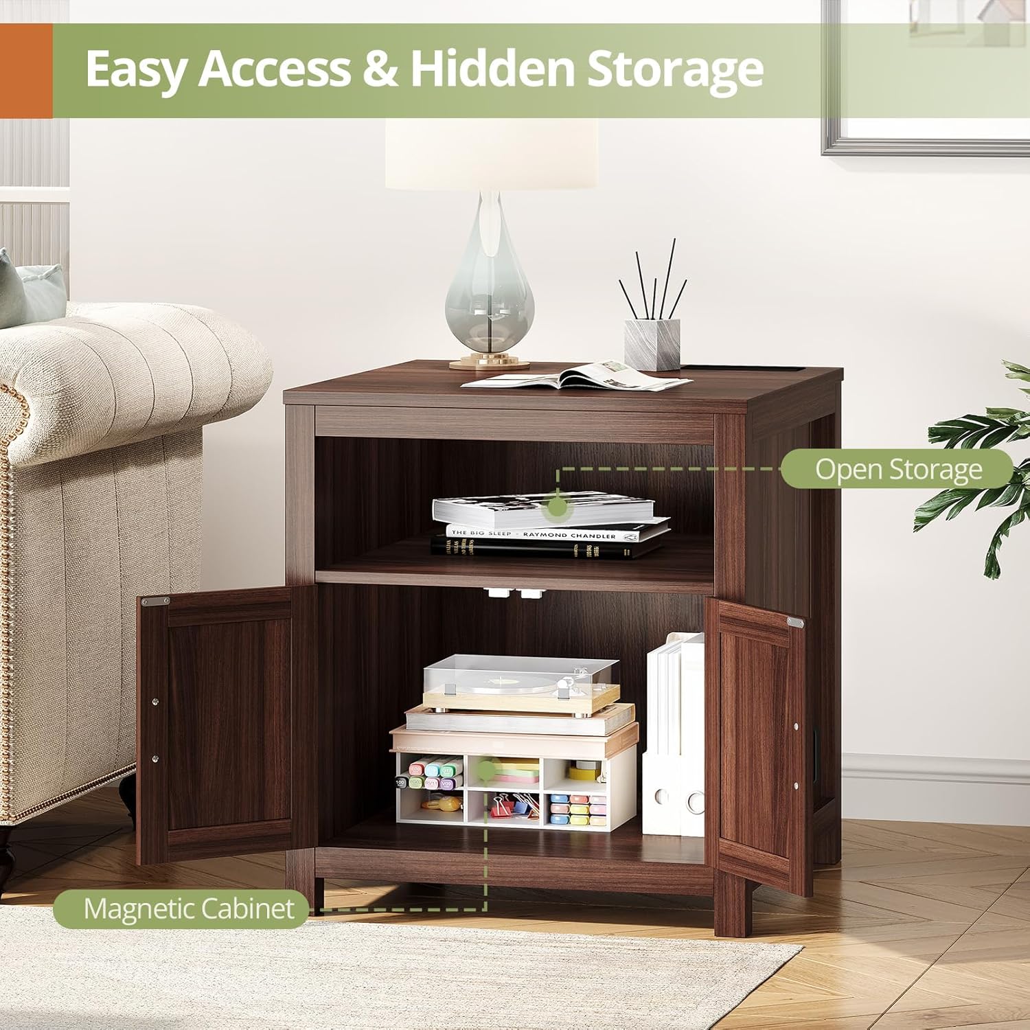 Vividwood Farmhouse End Table‌ - 23.6"W Side Table with Charging Station