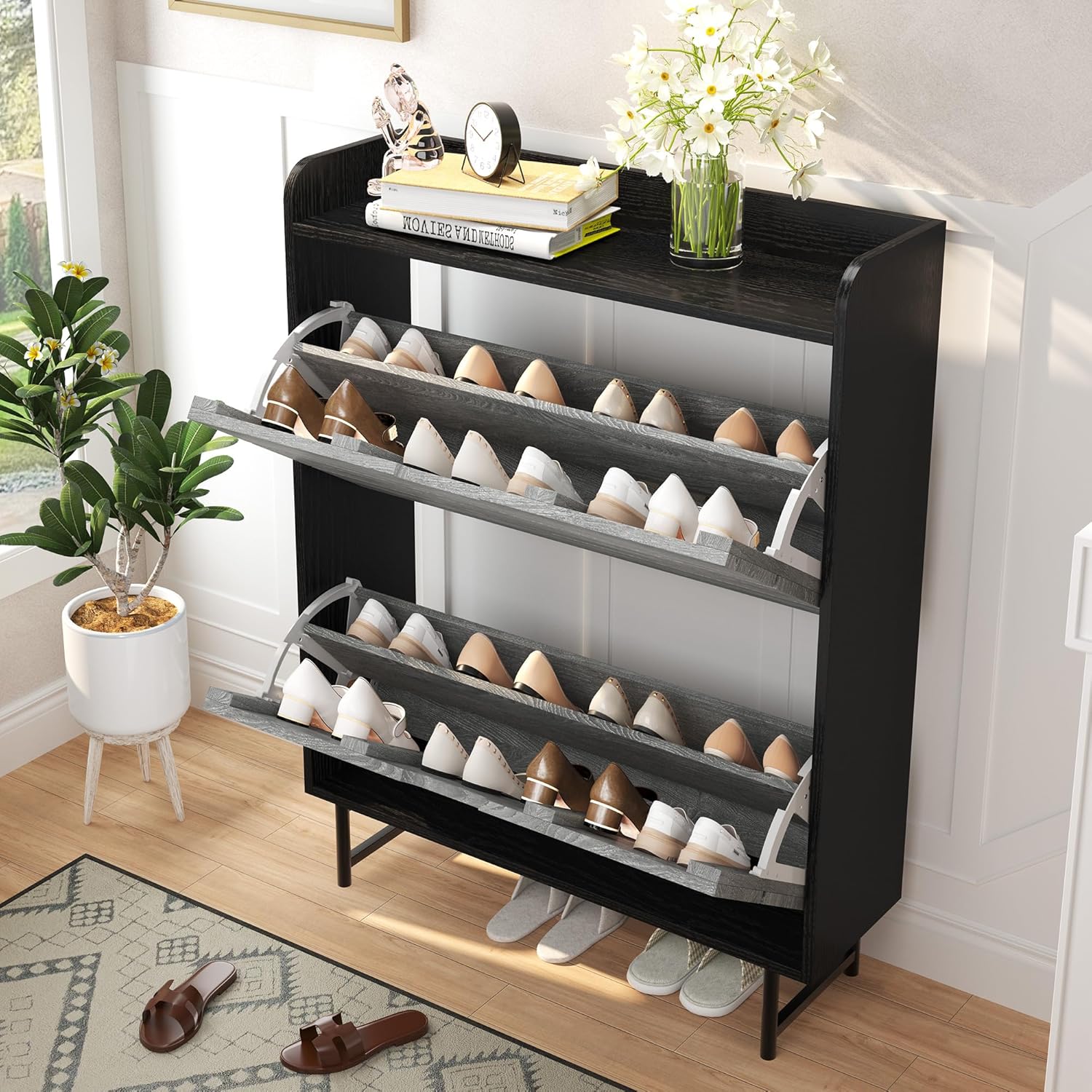 Vividwood 2-Drawer Shoe Cabinet‌ - Narrow Organizer with Adjustable Shelf (Grey)