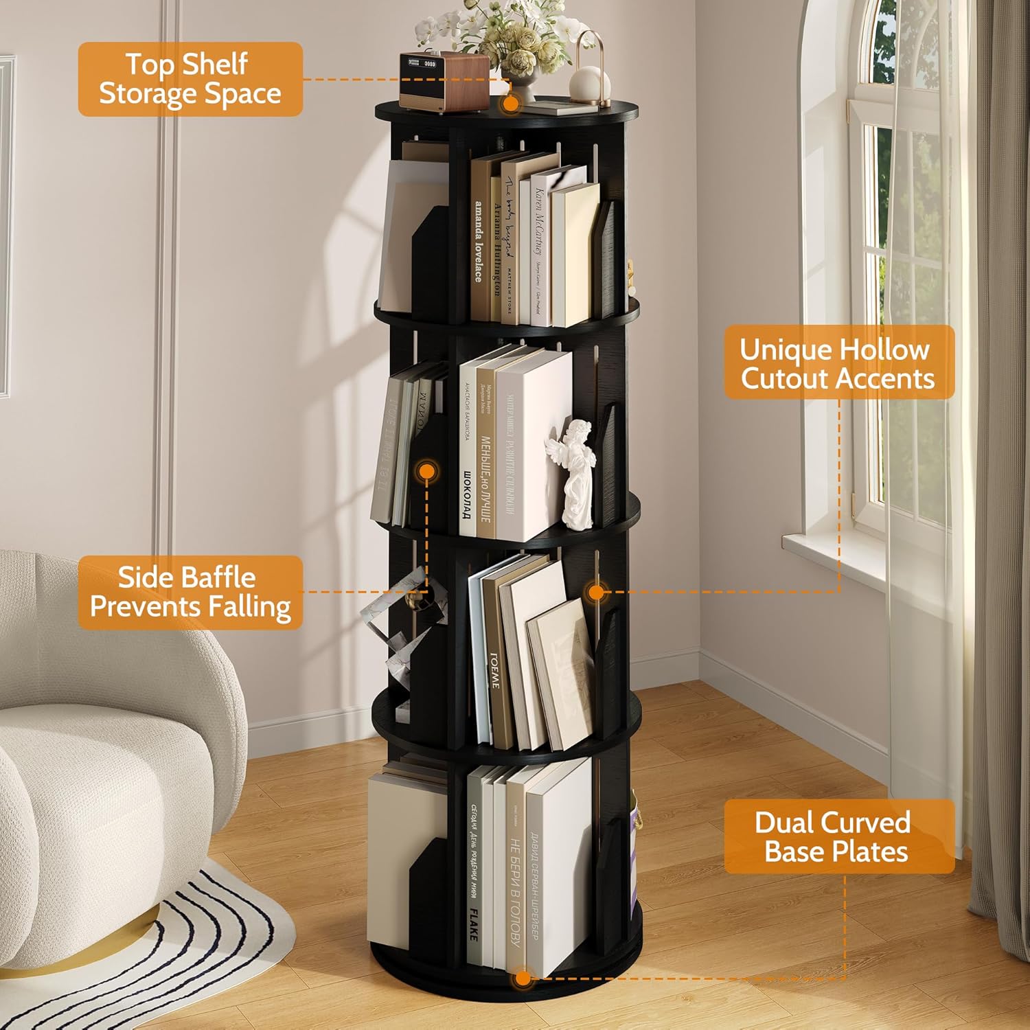 Vividwood 360° Spinning Bookshelf - 4-Tier Corner Organizer for Small Spaces & Kids Rooms