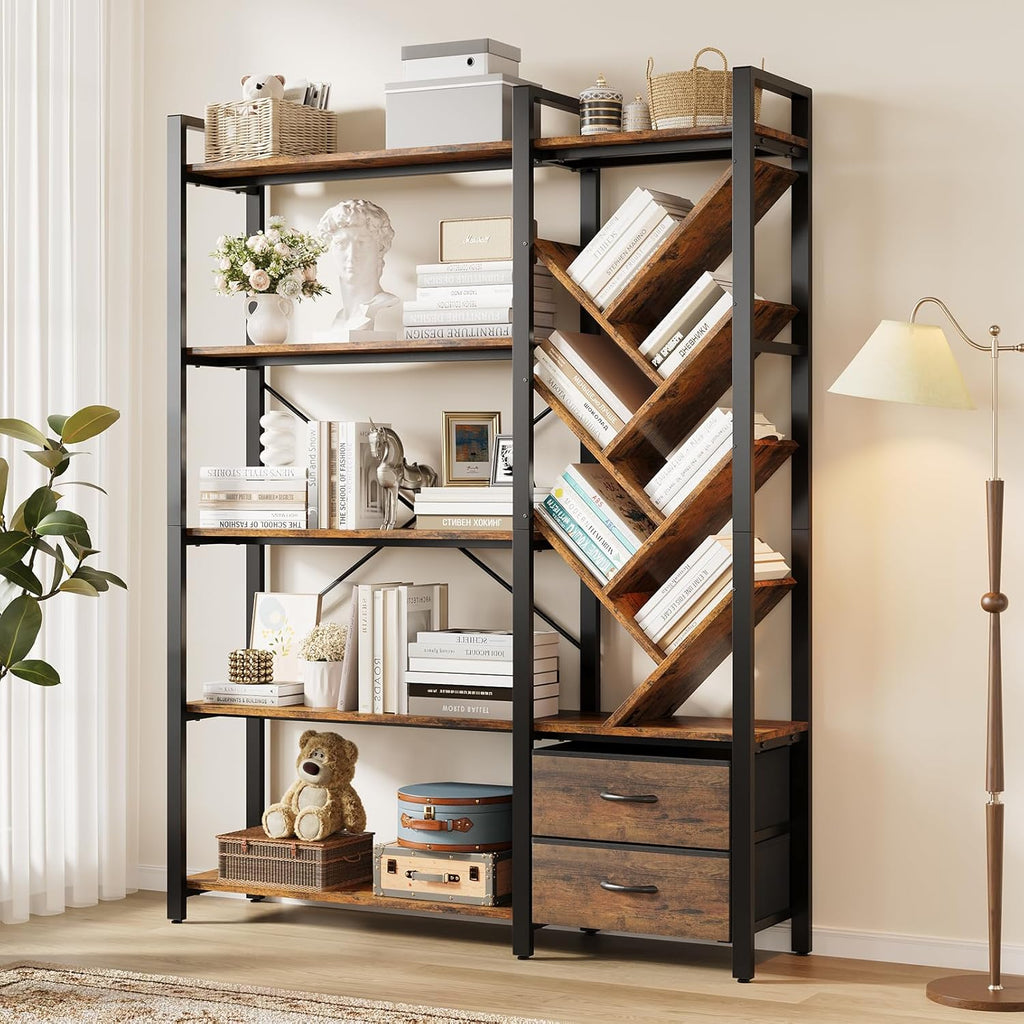 Vividwood 5-Tier Industrial Bookshelf - Tree Display with Fabric Drawers (Rustic Brown)