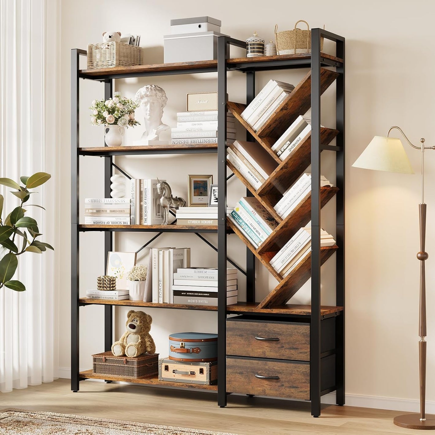 Vividwood 5-Tier Industrial Bookshelf - Tree Display with Fabric Drawers (Rustic Brown)