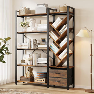 Vividwood 5-Tier Industrial Bookshelf - Tree Display with Fabric Drawers (Rustic Brown)