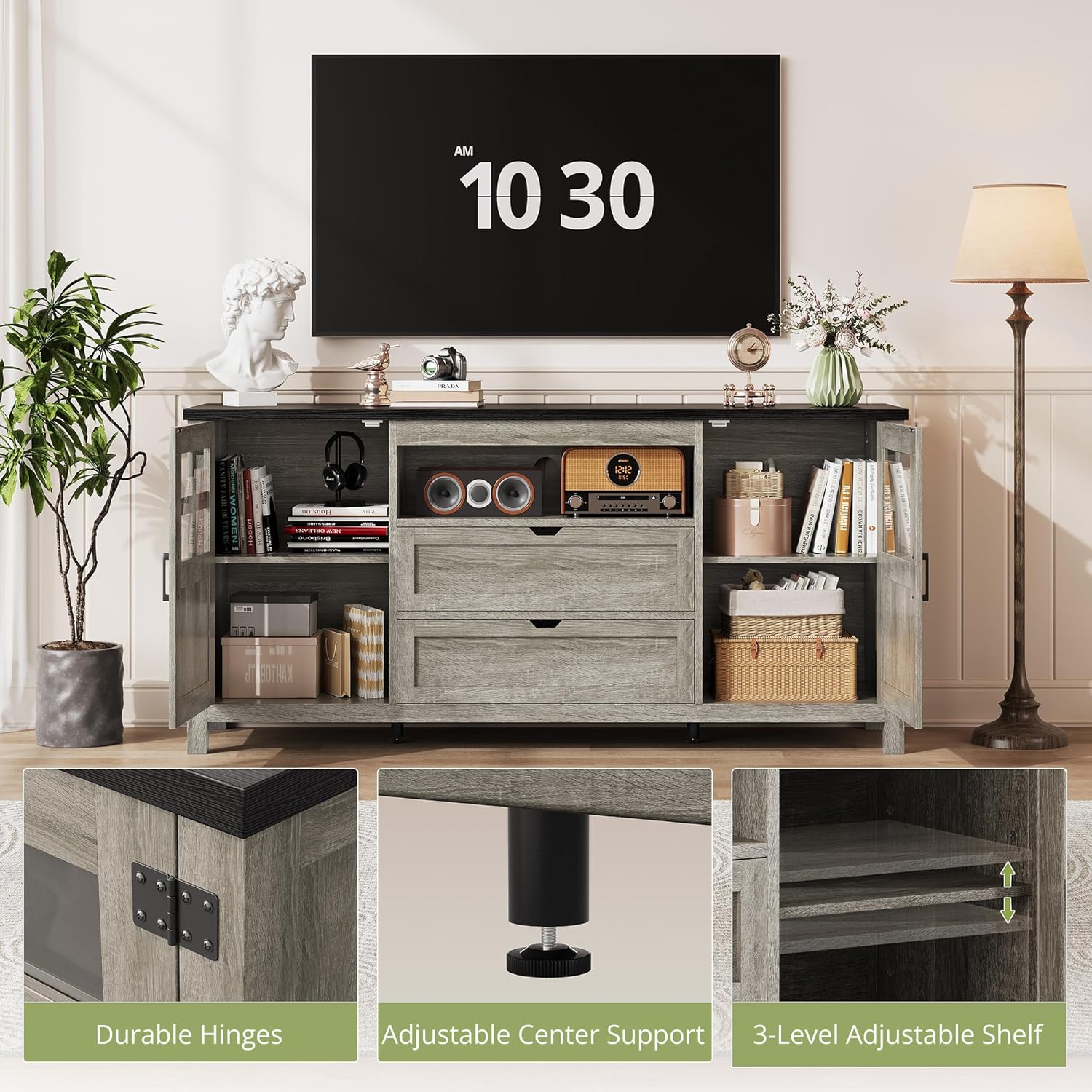 Vividwood Farmhouse Entertainment Center - TV Console with Storage (Rustic Grey)