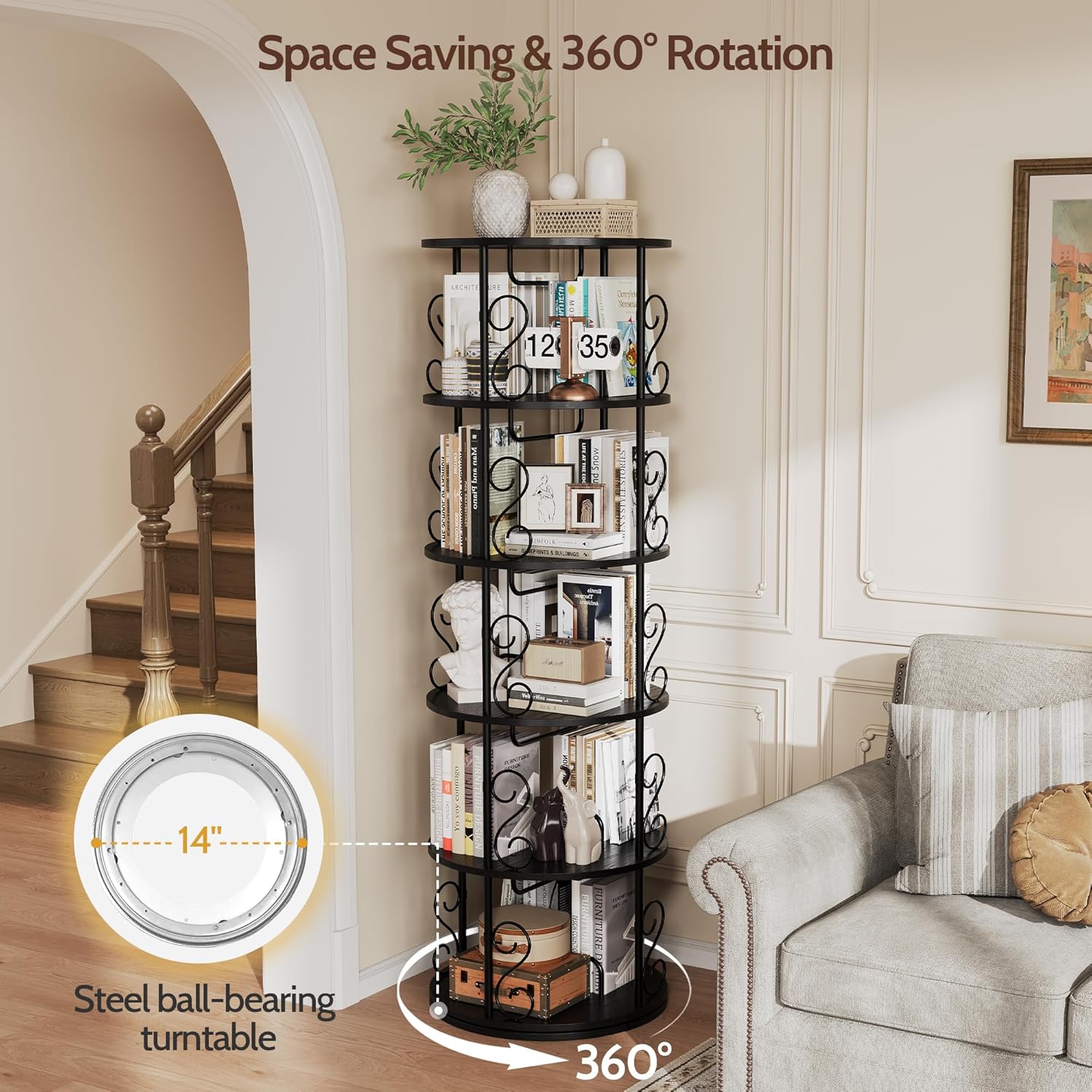 Vividwood 5-Tier Rotating Bookshelf - 360° Spinning Corner Display with Stackable Design