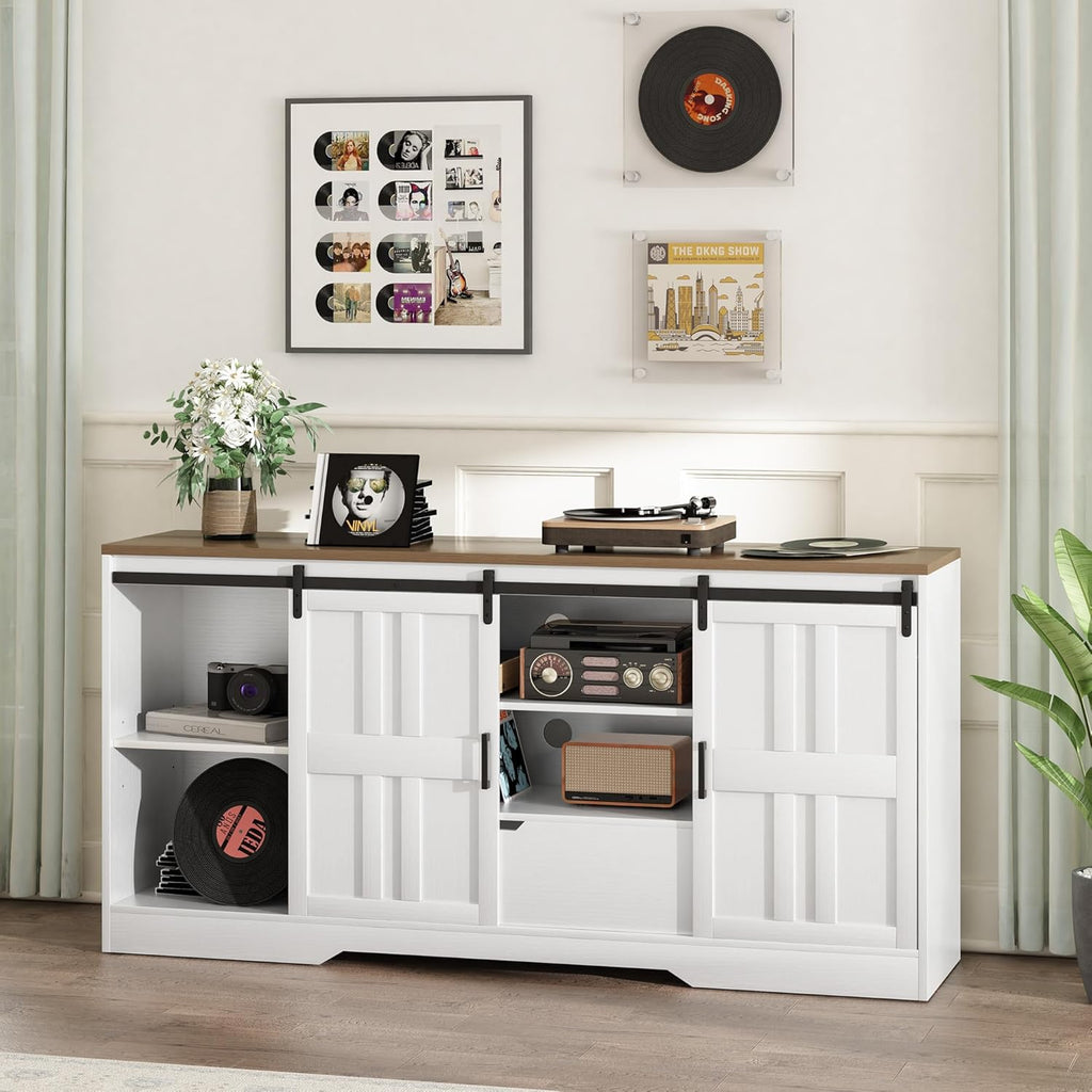 Vividwood 70" Farmhouse Entertainment Center‌ - TV Console with Barn Doors (Rustic White)