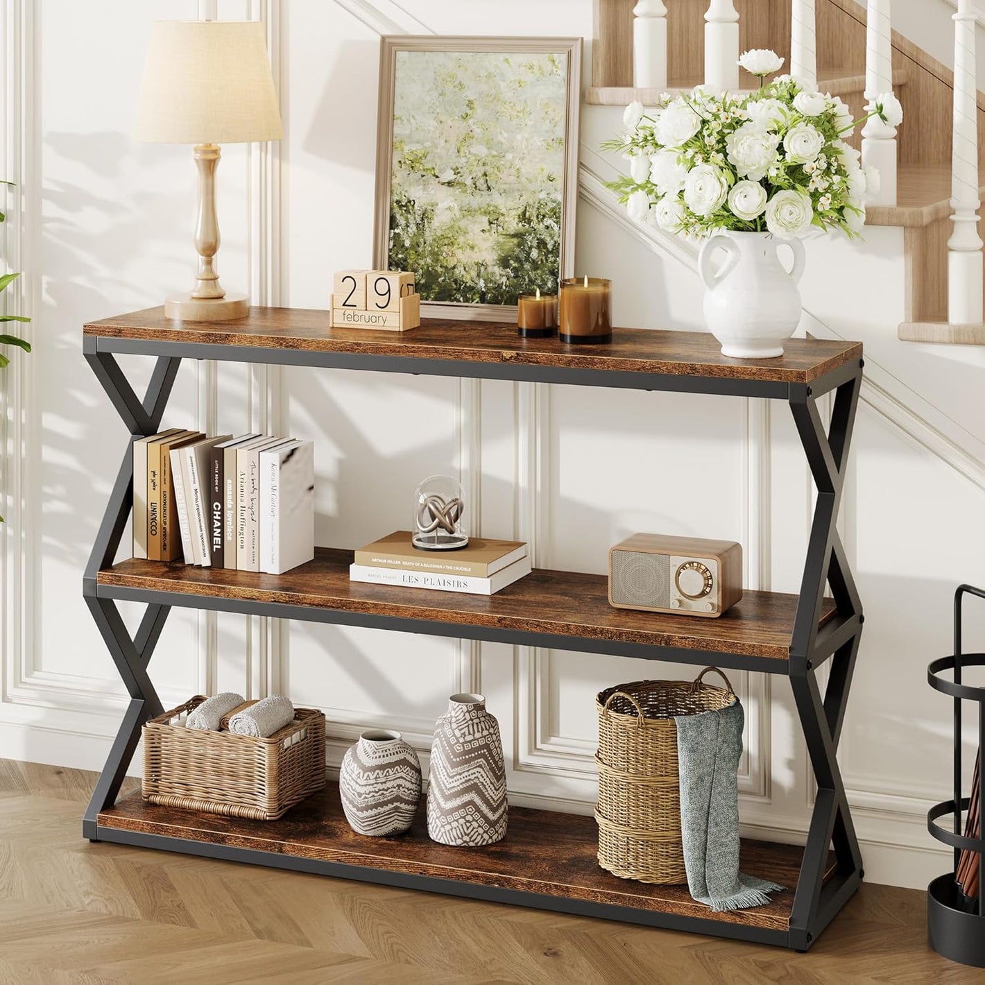 Vividwood Rustic Console Table - 47.2" Industrial Entryway Table with 3-Tier Shelves (Vintage Brown)