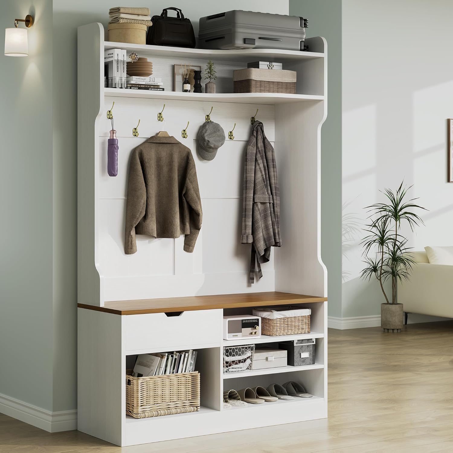 AesthLife Modern Hall Tree - Bench & Shoe Storage Organizer (Classical White)