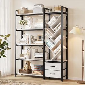 Vividwood 5-Tier Industrial Bookshelf - Tree Display with Fabric Drawers (White)