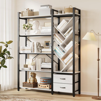 Vividwood 5-Tier Industrial Bookshelf - Tree Display with Fabric Drawers (White)