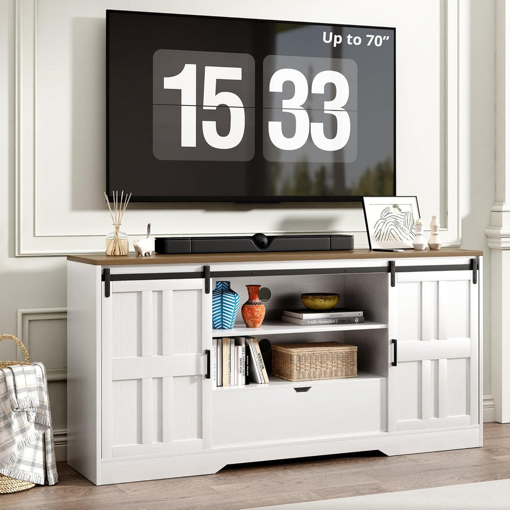 Vividwood 70" Farmhouse Entertainment Center‌ - TV Console with Barn Doors (Rustic White)