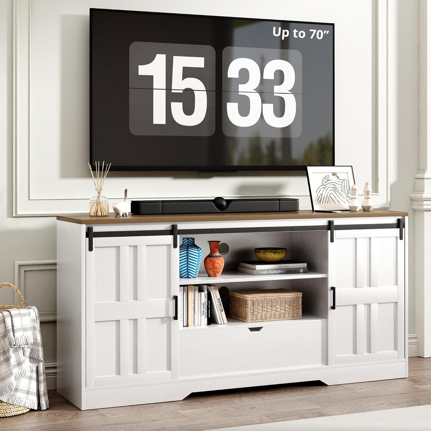 Vividwood 70" Farmhouse Entertainment Center‌ - TV Console with Barn Doors (Rustic White)