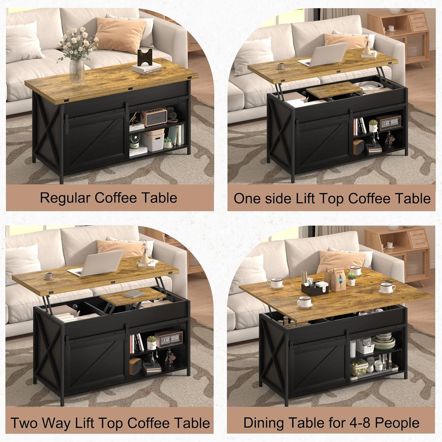 Vividwood Black Lift Top Coffee Table‌ - Multi-Function Center Table with Sliding Door