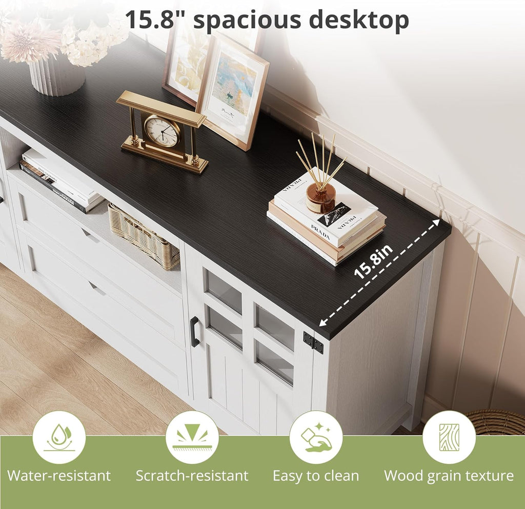 Vividwood Farmhouse TV Stand with Storage - Entertainment Center (Rustic White)