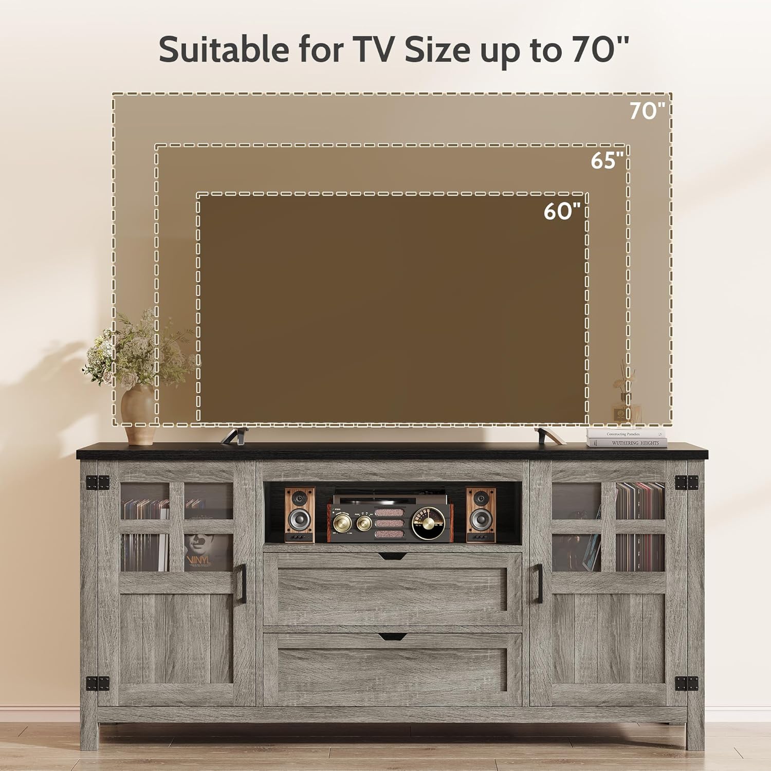 Vividwood Media Cabinet‌ - 70" TV Stand with Drawers & Cable Management (Grey)