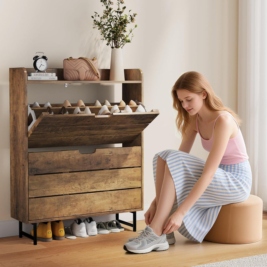 Vividwood 2-Drawer Shoe Cabinet‌ - Narrow Organizer with Adjustable Shelf (Oak)