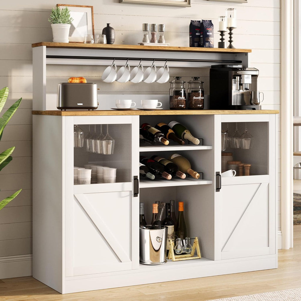 Vividwood Farmhouse White Bar Cabinet - Acrylic Door Wine Storage with Open Shelves