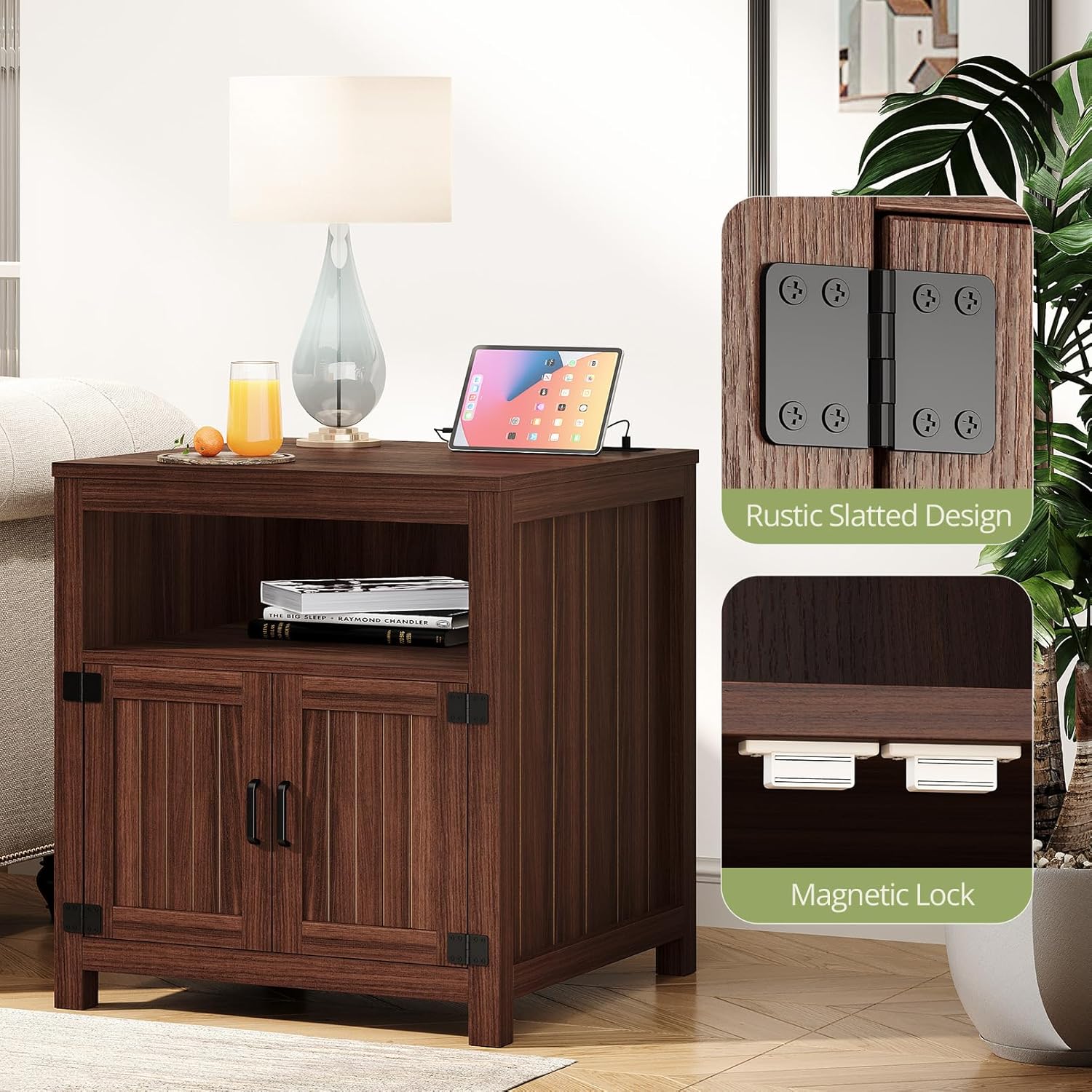 Vividwood Farmhouse End Table‌ - 23.6"W Side Table with Charging Station