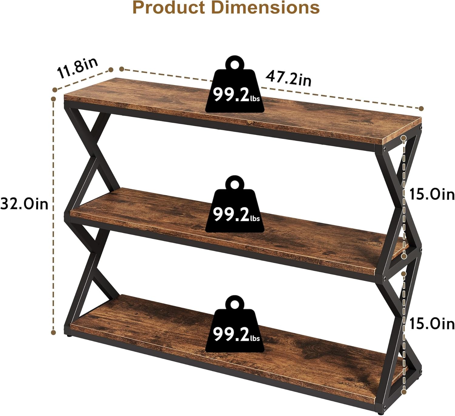 Vividwood Rustic Console Table - 47.2" Industrial Entryway Table with 3-Tier Shelves (Vintage Brown)