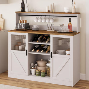 Vividwood Farmhouse White Bar Cabinet - Acrylic Door Wine Storage with Open Shelves