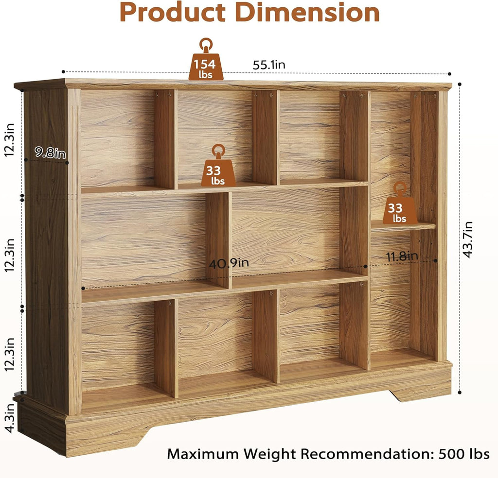 Vividwood 10-Cube Storage Organizer‌ - Farmhouse Bookcase & TV Stand (Rustic Brown)