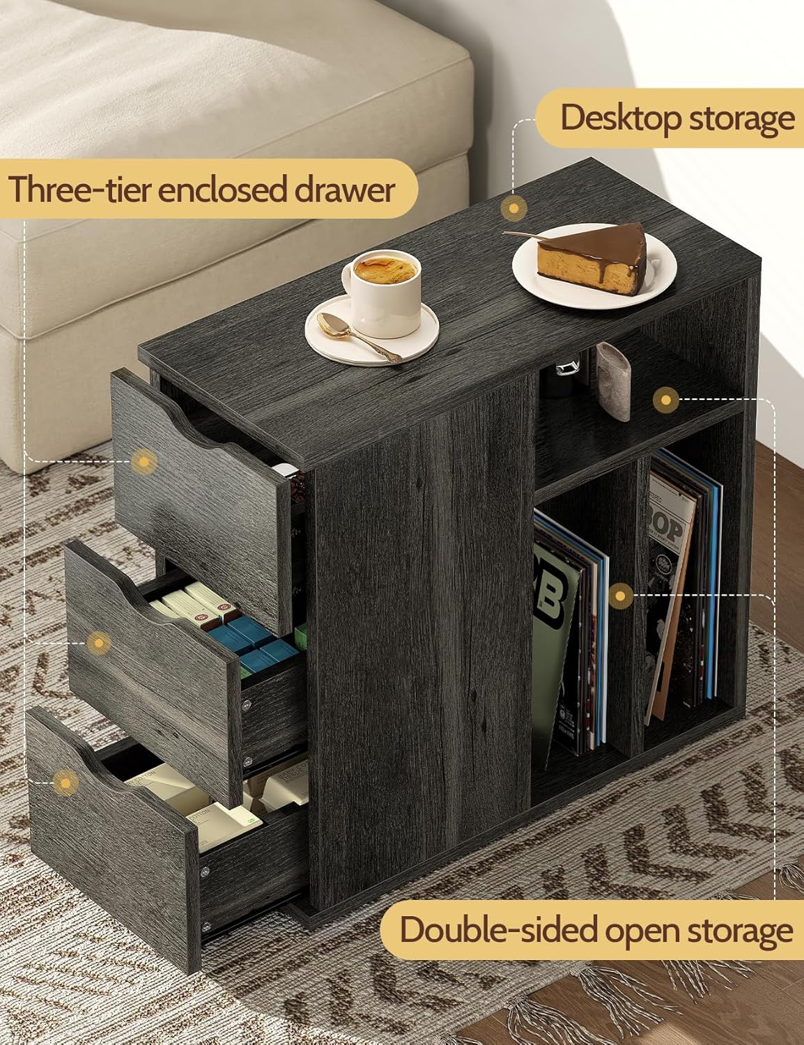 Vividwood 3-Drawer End Table‌ - Narrow Wood Side Table with Record Storage (Black)