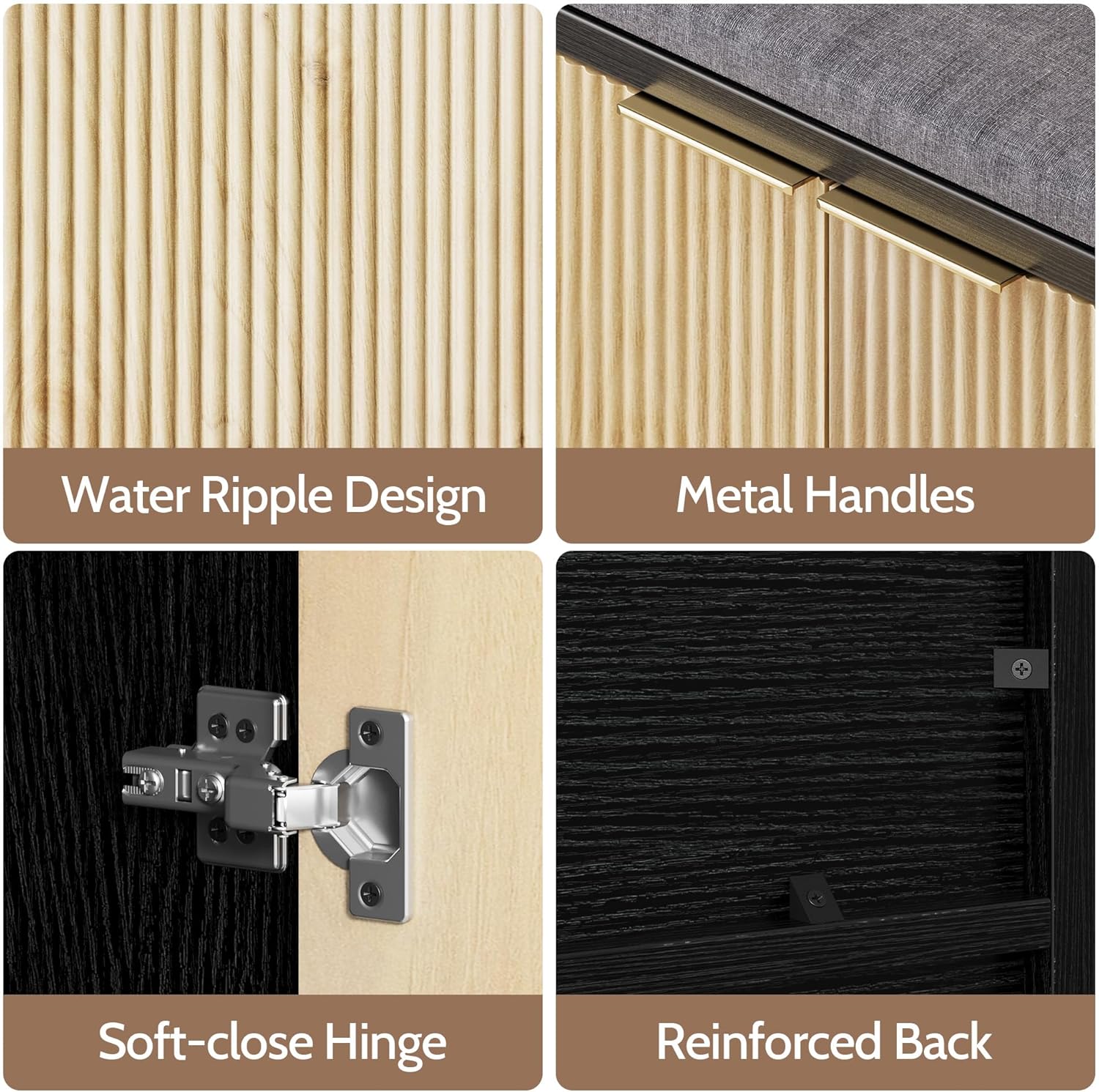 Vividwood 41.3" Entryway Storage Bench - 3-Door Shoe Organizer with Padded Seat (Wood Grain & Black)