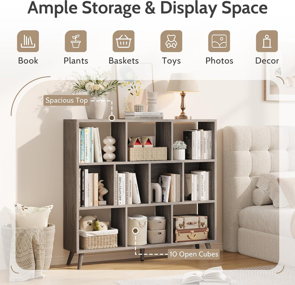 Vividwood 10-Cube Bookcase - 3-Tier Wooden Storage Organizer for Small Spaces (Grey)