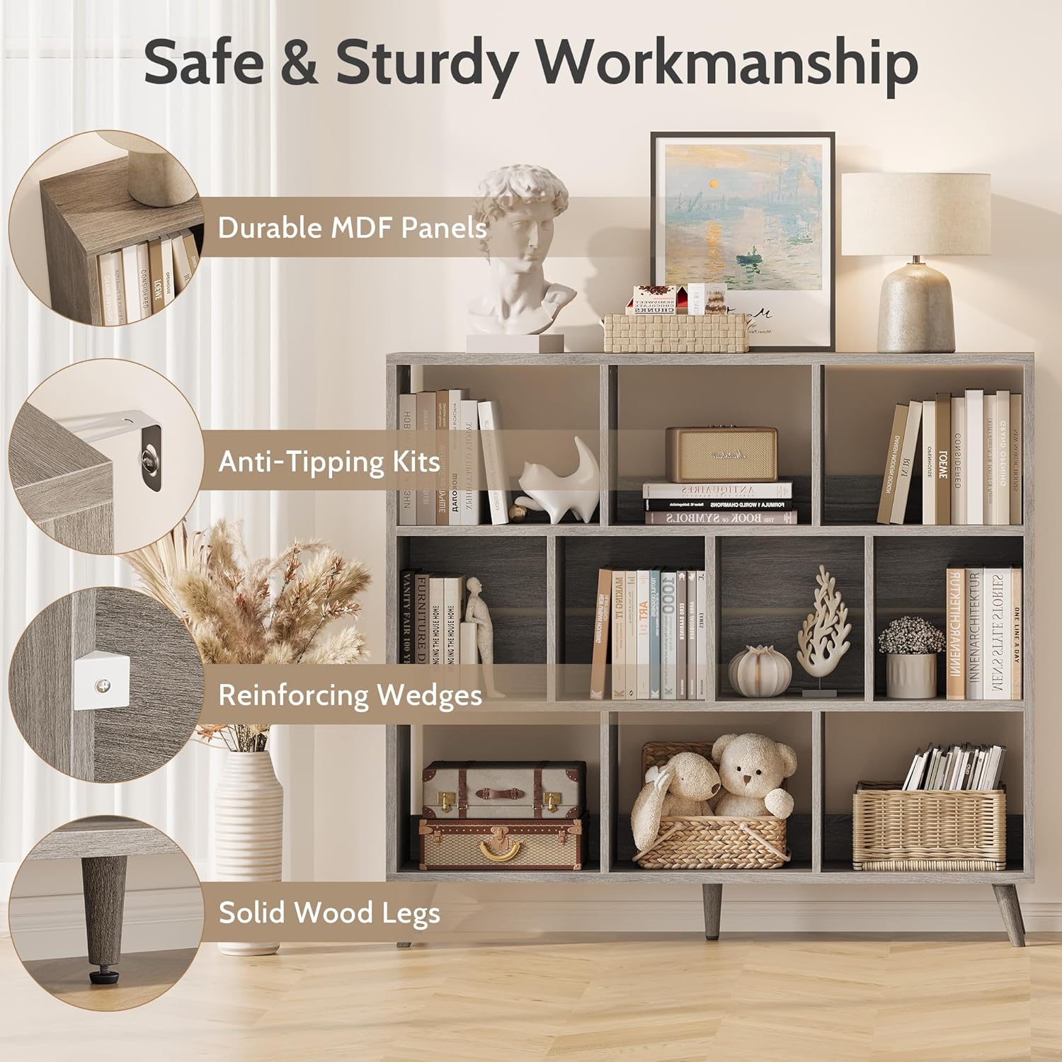 Vividwood 10-Cube Bookcase - 3-Tier Wooden Storage Organizer for Small Spaces (Grey)