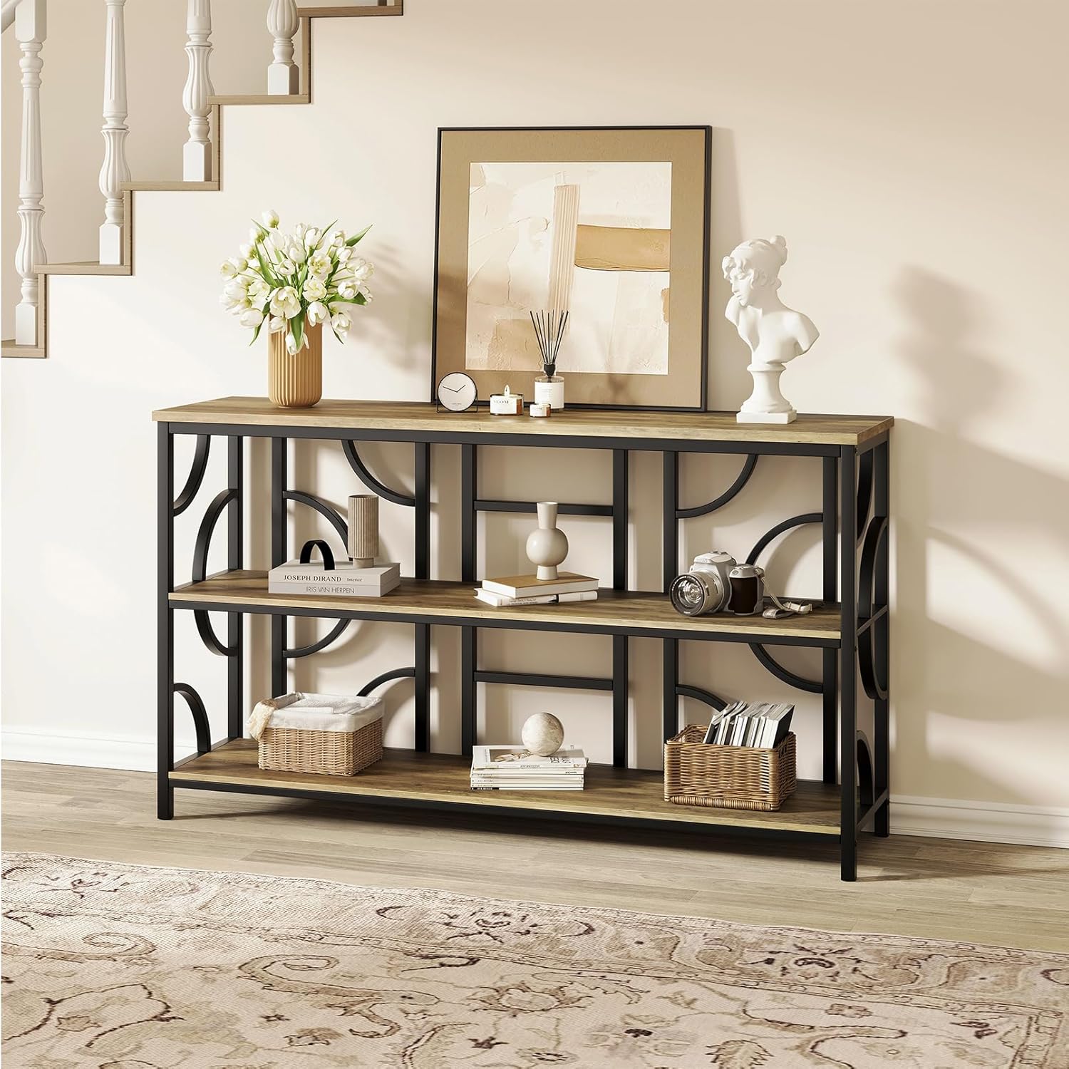 Vividwood 55" Industrial Sofa Table‌ - 3-Tier Storage Console with Geometric Design (Rustic Brown)