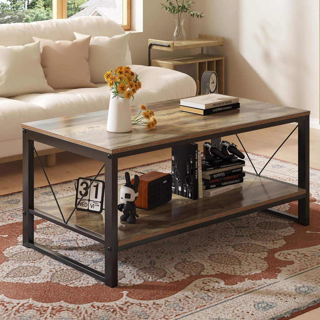 Vividwood Farmhouse Coffee Table with Storage - 39.3" Wooden Rectangle Center Table & V-Shape Legs (220lbs Capacity)
