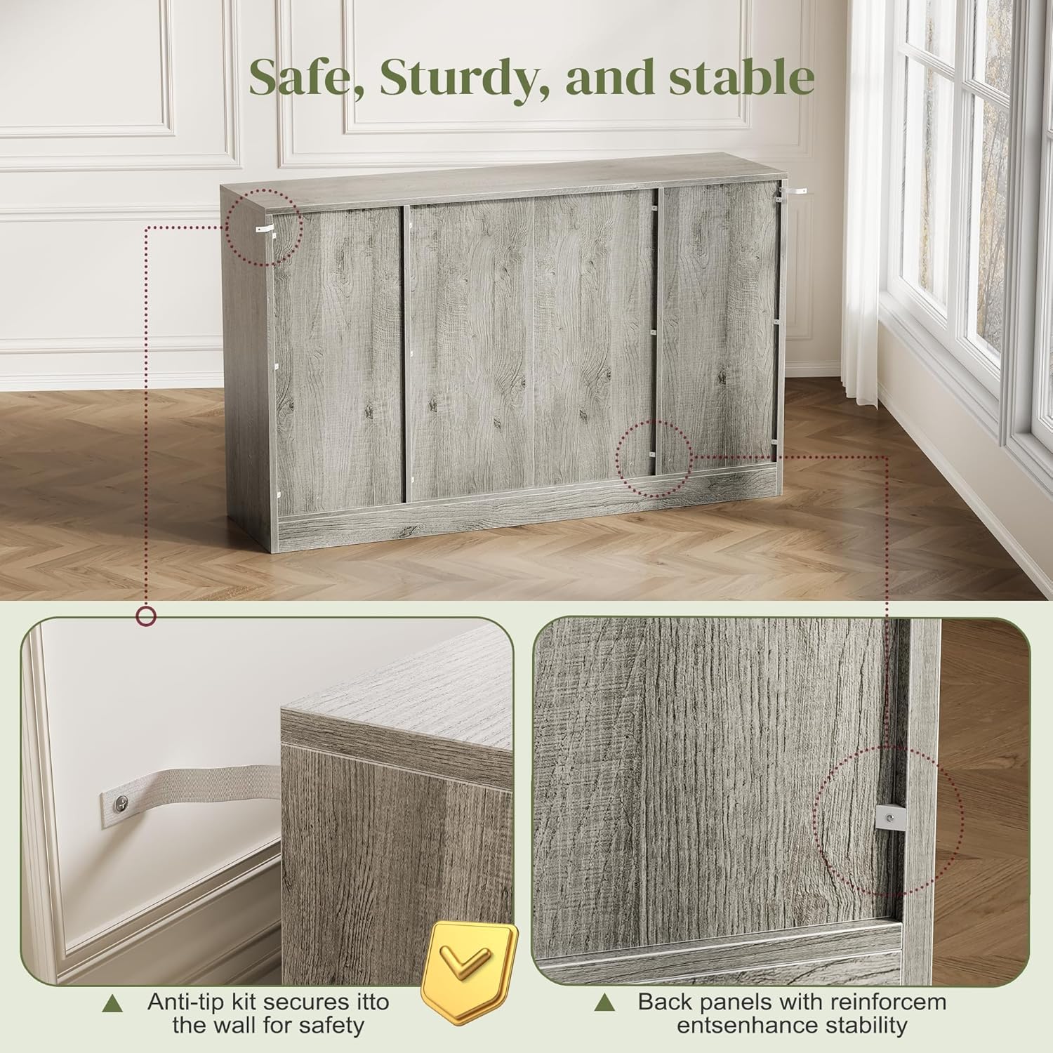 AesthLife Modern Farmhouse Sideboard - Wood Storage Cabinet with Doors & Drawer (Oak Grey)