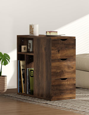 Vividwood Slim Nightstand‌ - 3-Drawer Bedside Table with Storage Shelves (Brown)