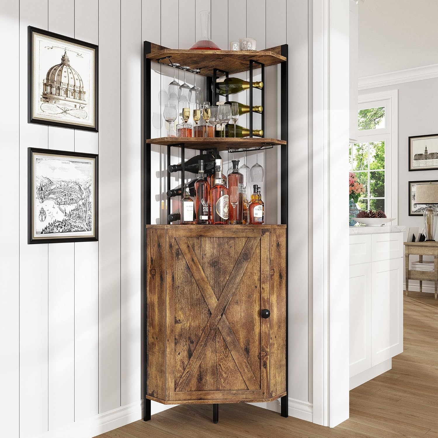 Vividwood Corner Wine Cabinet - 5-Tier Farmhouse Liquor Storage with Glass Rack & Barn Door