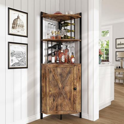 Vividwood Corner Wine Cabinet - 5-Tier Farmhouse Liquor Storage with Glass Rack & Barn Door
