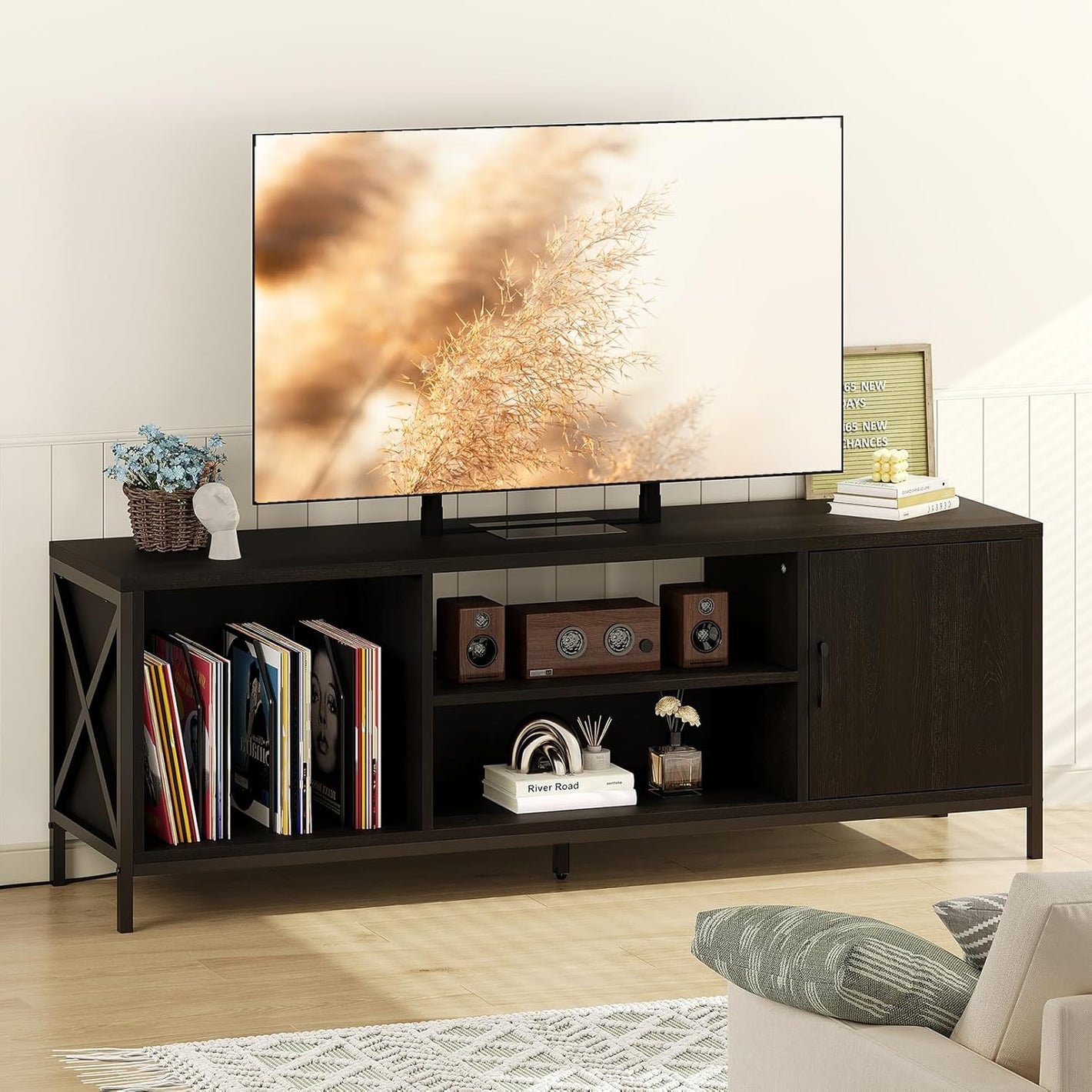 Vividwood Farmhouse TV Stand - 65" Entertainment Center with Storage (Oak Black)