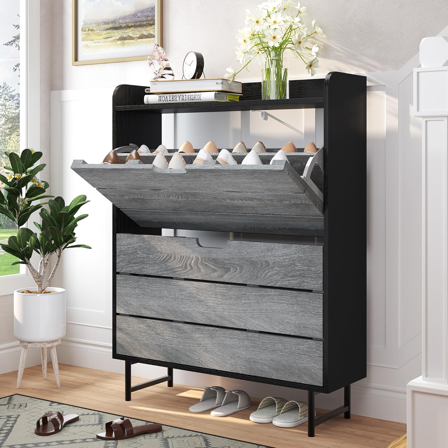 Vividwood 2-Drawer Shoe Cabinet‌ - Narrow Organizer with Adjustable Shelf (Grey)