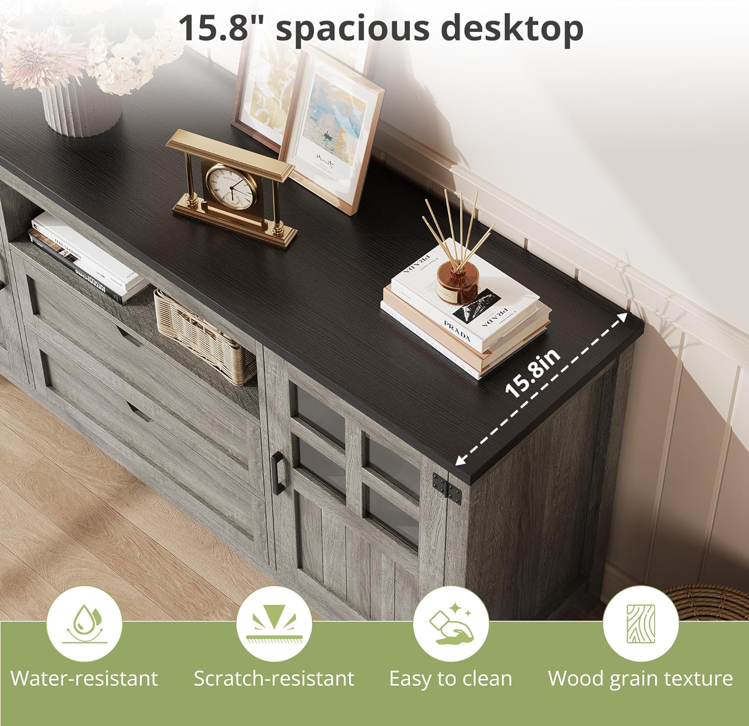 Vividwood Farmhouse Entertainment Center - TV Console with Storage (Rustic Grey)