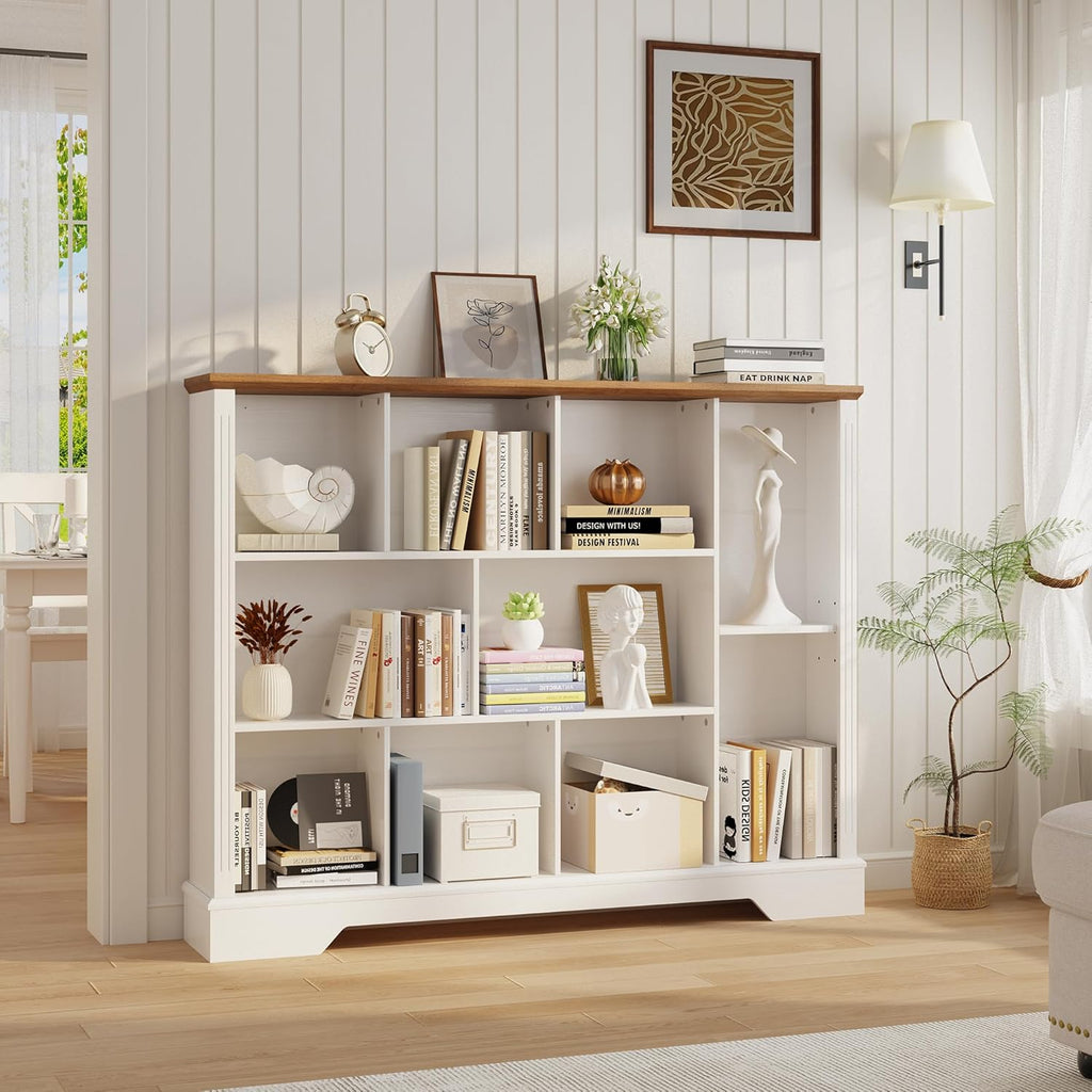 Vividwood 10-Cube Storage Organizer & TV Stand - Farmhouse Bookcase with Adjustable Shelves (White Finish)