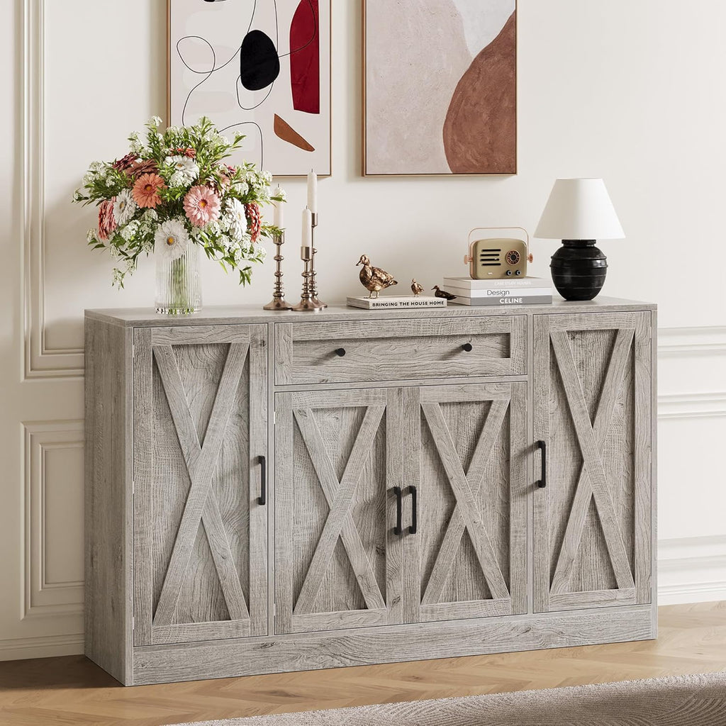 Vividwood 55" Buffet Cabinet with Drawer - 4-Door Storage Sideboard for Dining Room Okay Gray